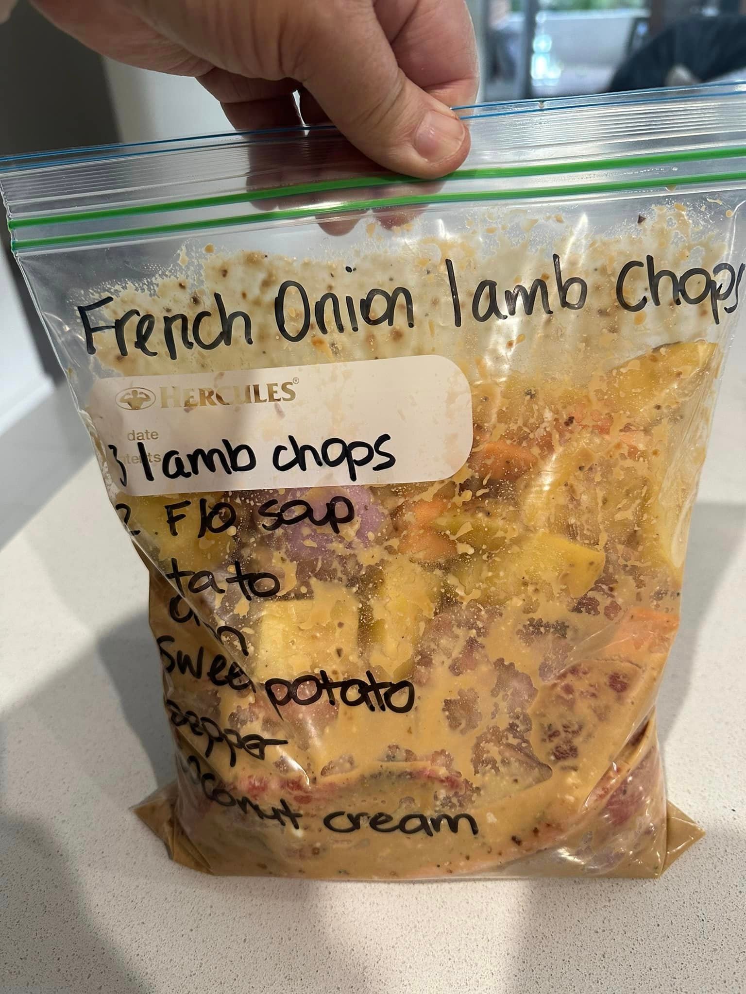 Bag of ingredients & Recipe for French Onion Lamb Chops