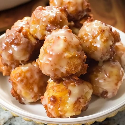 Apple Fritter Bites Autumn Treat Baked Apple Cider Glaze Doughnut-like Light and Airy Honeycrisp or Gala Apples Powdered Sugar Glaze Easy Recipe Fall Dessert